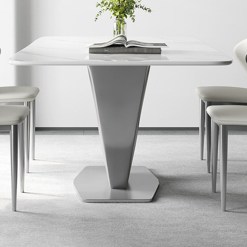 Grey Metal Pedestal Base Table Rectangle Sintered Stone Top Dining Table