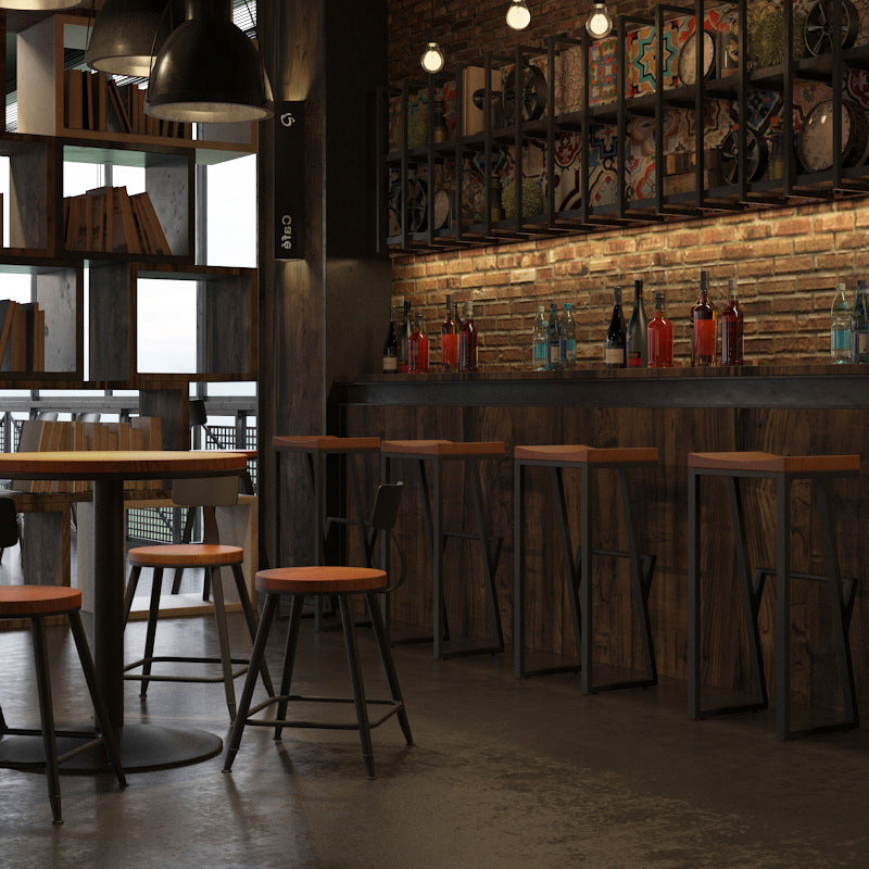 Industrial Metal Barstool Low Back Wood Counter Stool in Matte Finish for Indoor