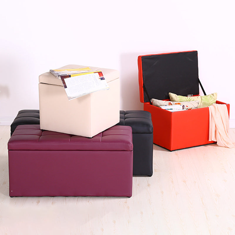 Modern Pouf Ottoman PU Leather Upholstered Tufted Square Ottoman with Storage