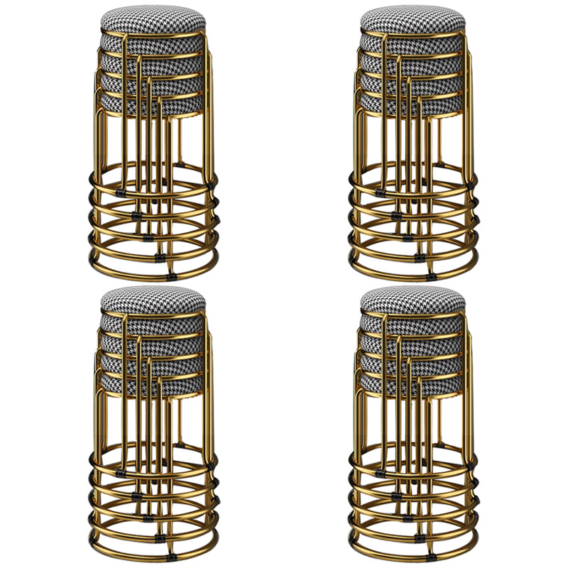 Houndstooth Print Pouf Ottoman Round Linen Stain Resistant Glam Ottoman