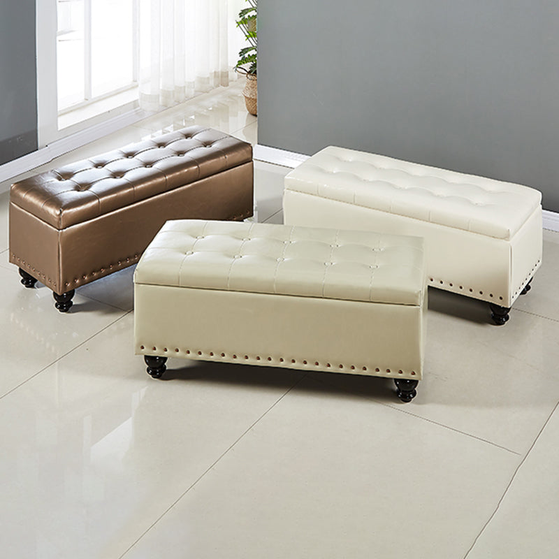 Traditional Faux Leather Ottoman Plian Tufted Nailhead Trim Rectangle Ottoman with Storage