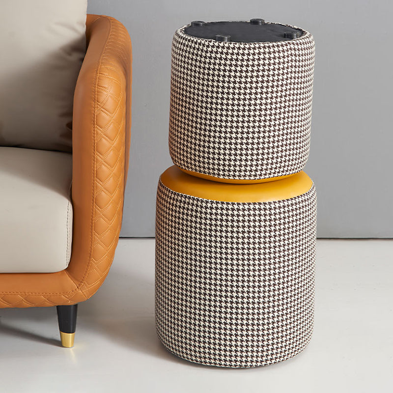 Modern Water Resistant Ottoman Circle Shape Orange Genuine Leather Cube