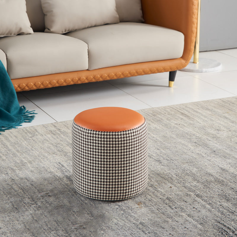 Modern Water Resistant Ottoman Circle Shape Orange Genuine Leather Cube