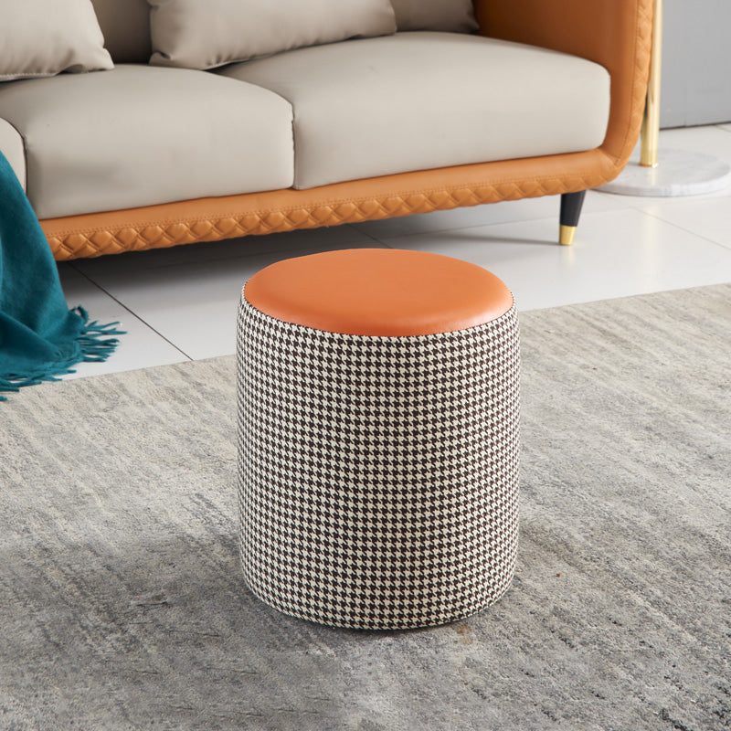 Modern Water Resistant Ottoman Circle Shape Orange Genuine Leather Cube