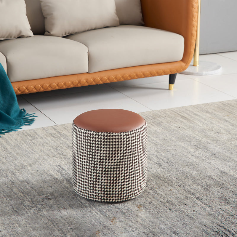 Modern Water Resistant Ottoman Circle Shape Orange Genuine Leather Cube