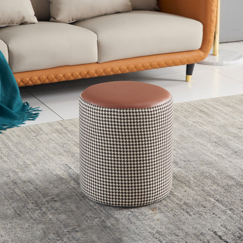 Modern Water Resistant Ottoman Circle Shape Orange Genuine Leather Cube