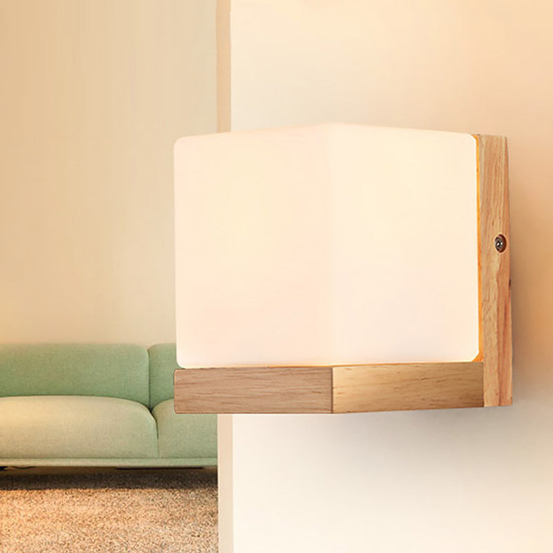 Nordic Wood Wall Light Cube Shape 5.5" Wide Wall Sconce with Glass for Bedroom