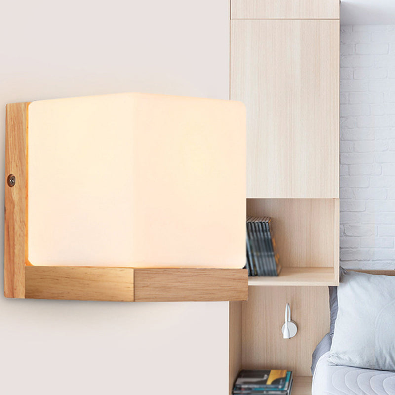 Nordic Wood Wall Light Cube Shape 5.5" Wide Wall Sconce with Glass for Bedroom