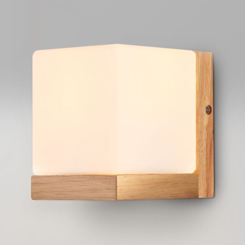 Nordic Wood Wall Light Cube Shape 5.5" Wide Wall Sconce with Glass for Bedroom