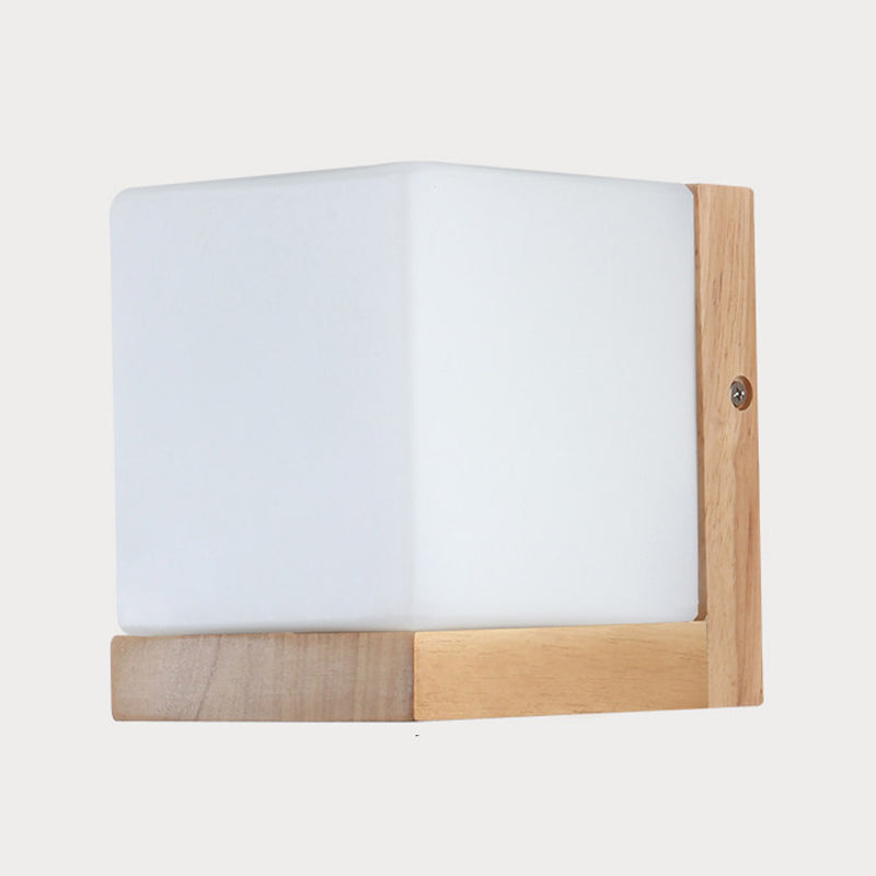 Nordic Wood Wall Light Cube Shape 5.5" Wide Wall Sconce with Glass for Bedroom