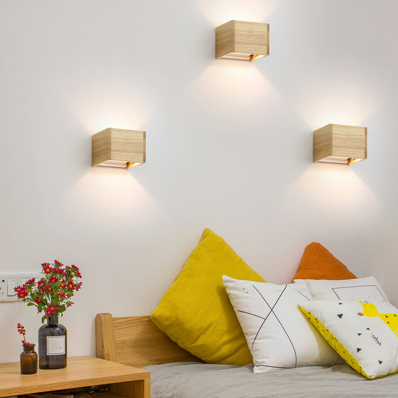 Nordic Style Wood Wall Light Cube Shape 4.5" Wide Wall Sconce for Bedroom