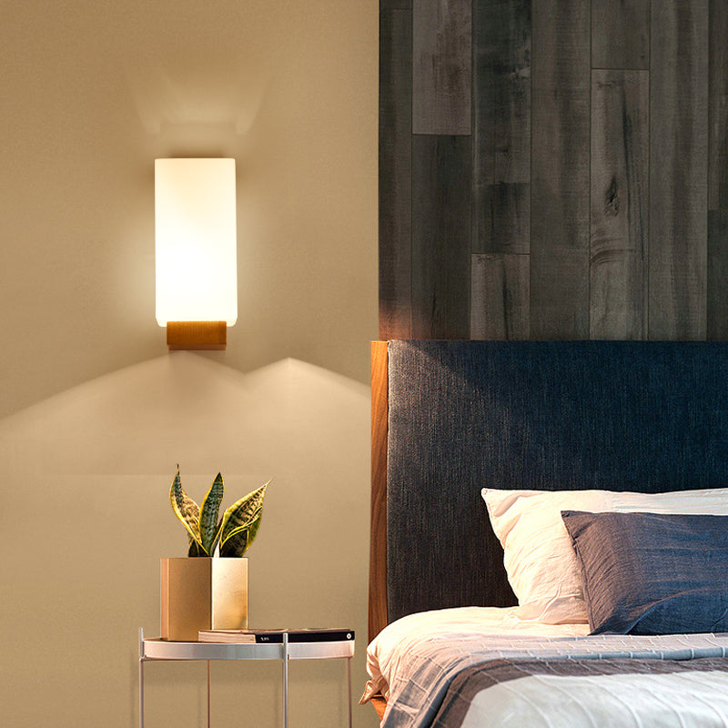 Nordic Wood Wall Light Cuboid 9" Wide Wall Sconce with White Glass for Bedroom