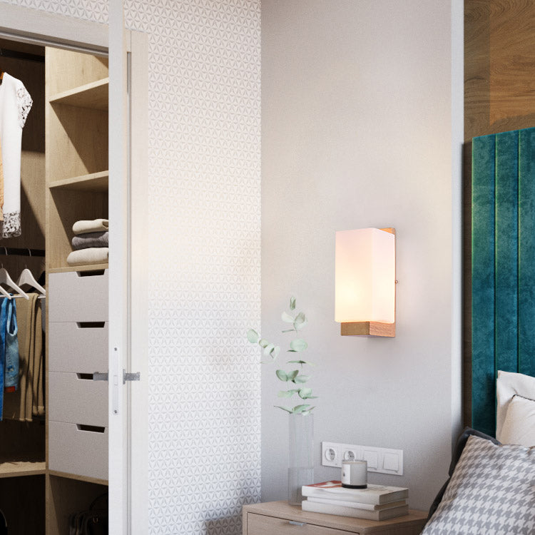 Nordic Wood Wall Light Cuboid 9" Wide Wall Sconce with White Glass for Bedroom