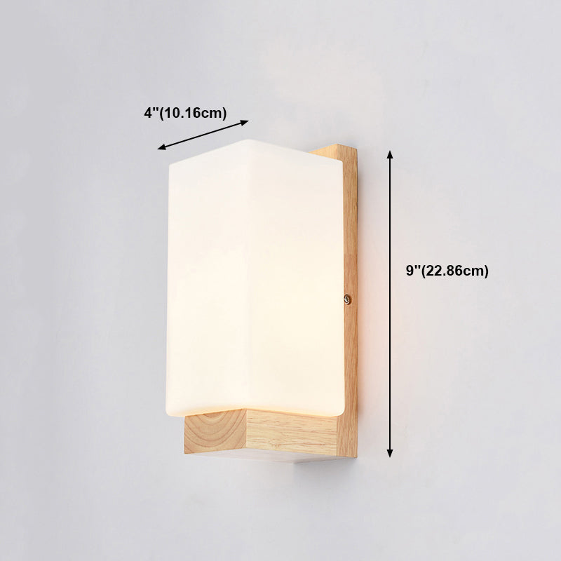 Nordic Wood Wall Light Cuboid 9" Wide Wall Sconce with White Glass for Bedroom