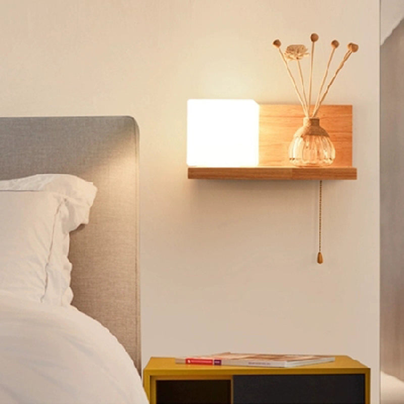 Japanese Wood Wall Light Cube 12" Wide Wall Sconce with Pull Switch for Bedroom