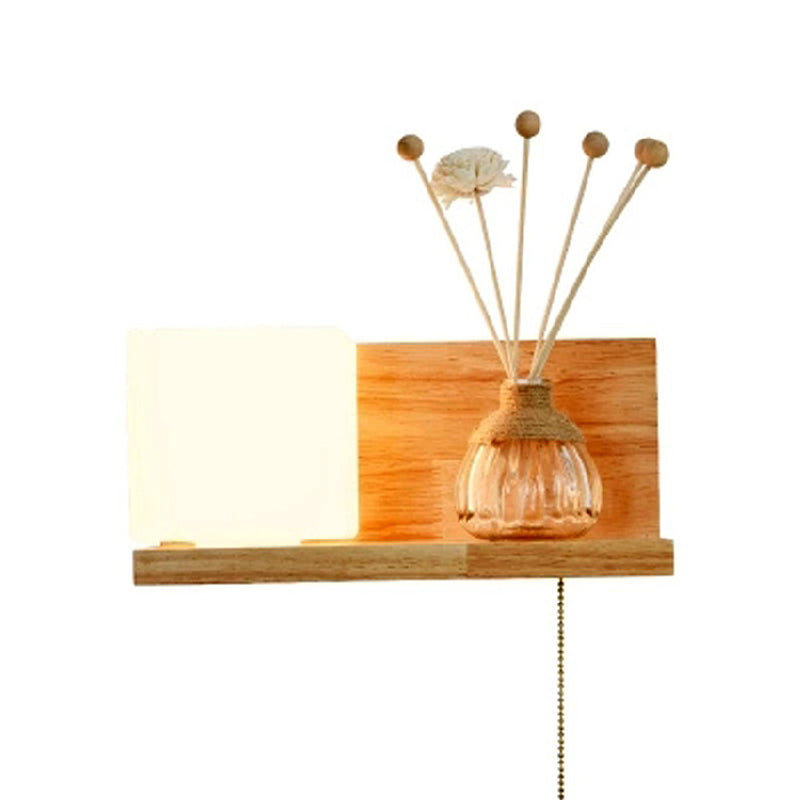 Japanese Wood Wall Light Cube 12" Wide Wall Sconce with Pull Switch for Bedroom