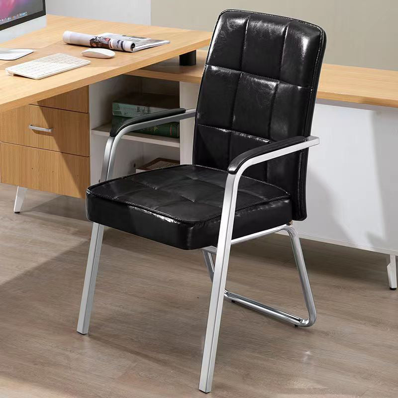 Modern Fixed Arms Leather Chair No Wheels Mid-Back Office Chair