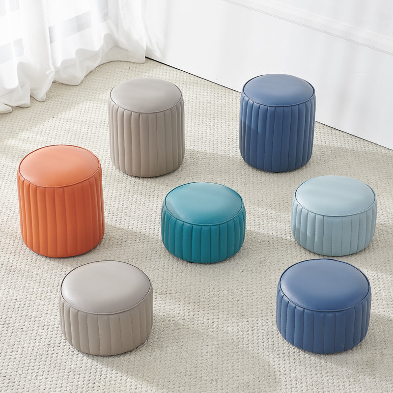 Contemporary Water Resistant Pouf Round Orange Leather Ottoman