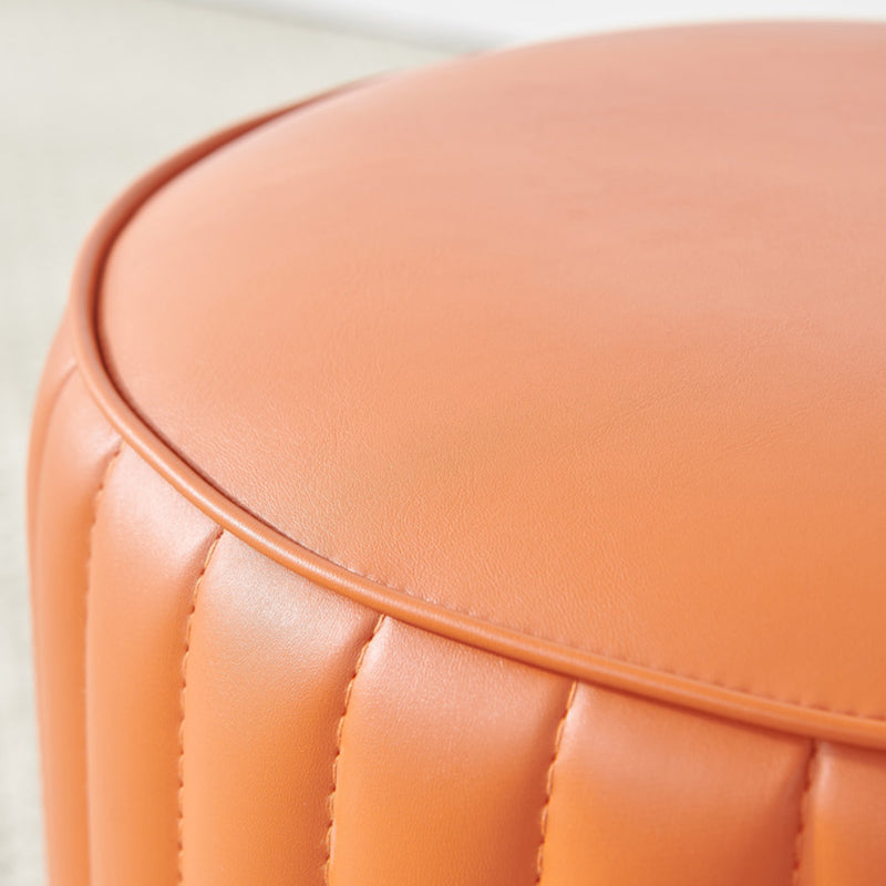 Contemporary Water Resistant Pouf Round Orange Leather Ottoman
