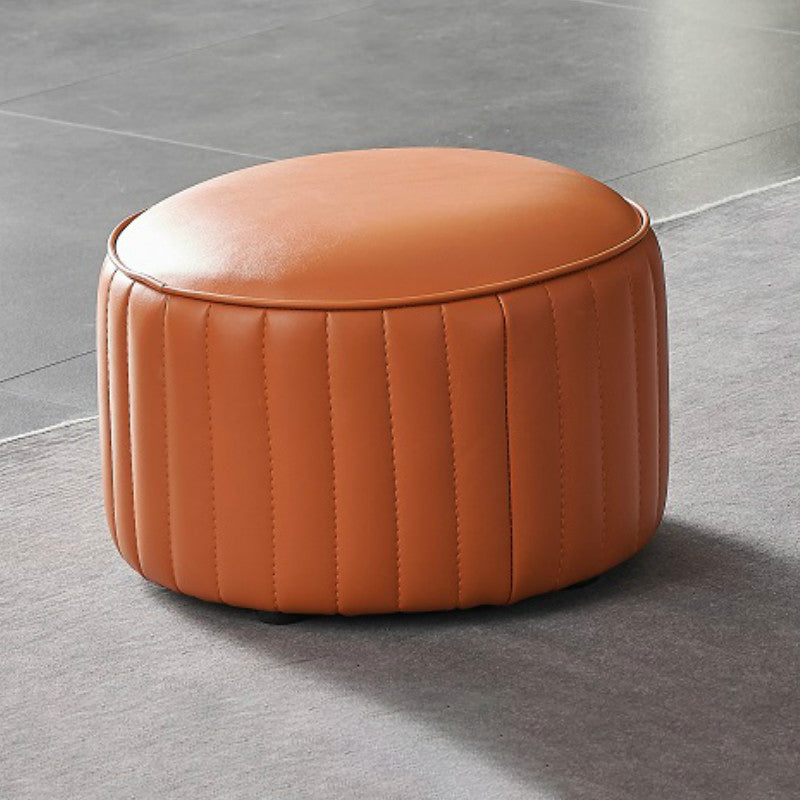 Contemporary Water Resistant Pouf Round Orange Leather Ottoman