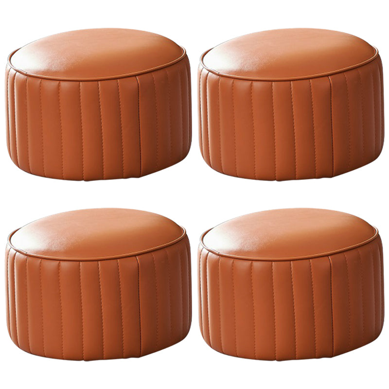 Contemporary Water Resistant Pouf Round Orange Leather Ottoman