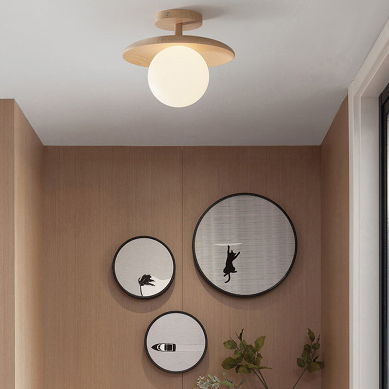 Shaded Semi Flush Mount Lighting Modern Style Wood Beige Ceiling Mounted Fixture