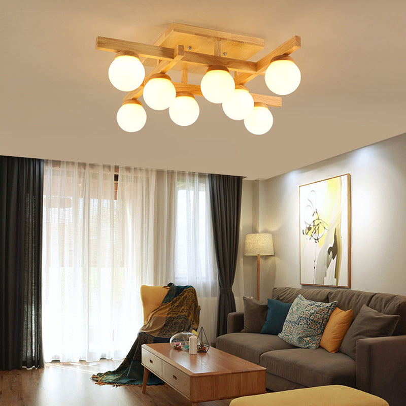 Ball-Shaped Semi Flush Light Fixture Modern Wood Living Room Semi Flush Chandelier