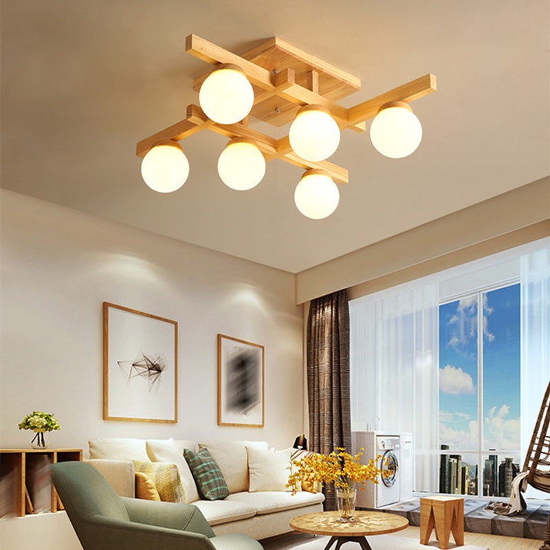 Ball-Shaped Semi Flush Light Fixture Modern Wood Living Room Semi Flush Chandelier