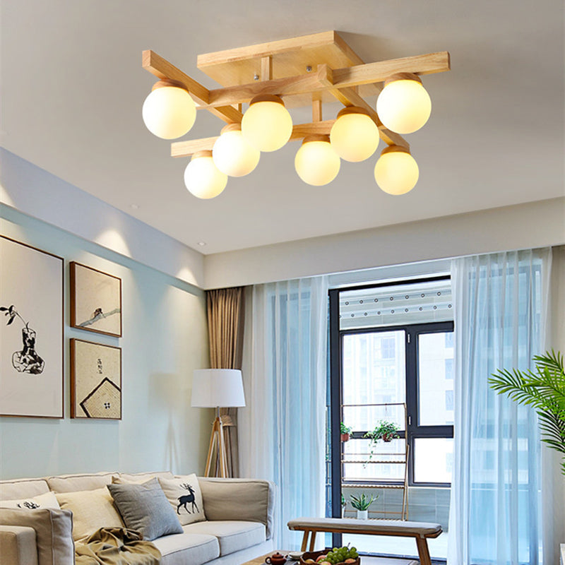 Ball-Shaped Semi Flush Light Fixture Modern Wood Living Room Semi Flush Chandelier