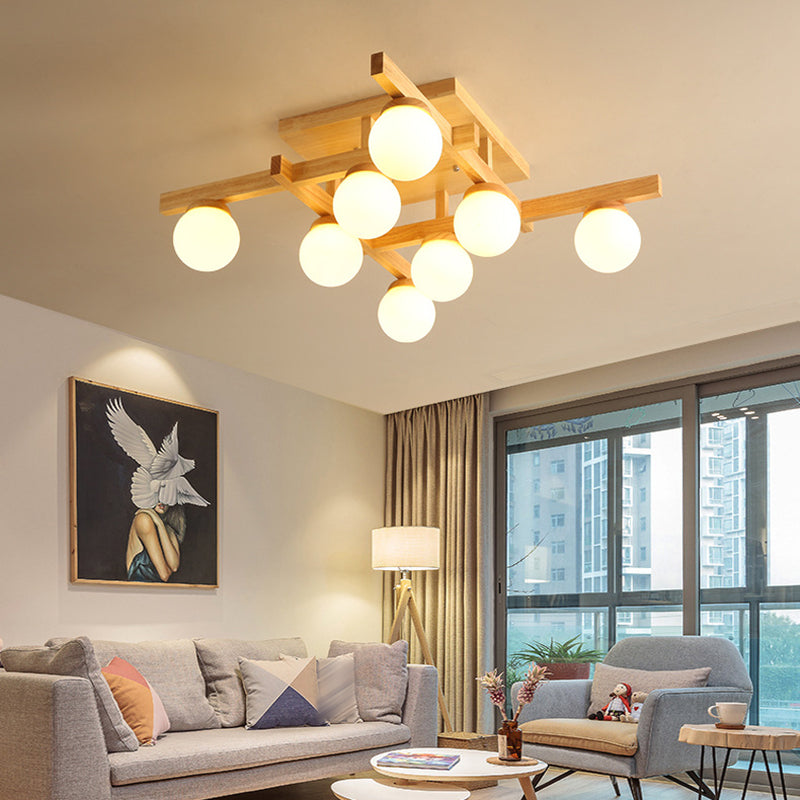 Ball-Shaped Semi Flush Light Fixture Modern Wood Living Room Semi Flush Chandelier