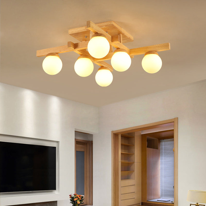 Ball-Shaped Semi Flush Light Fixture Modern Wood Living Room Semi Flush Chandelier