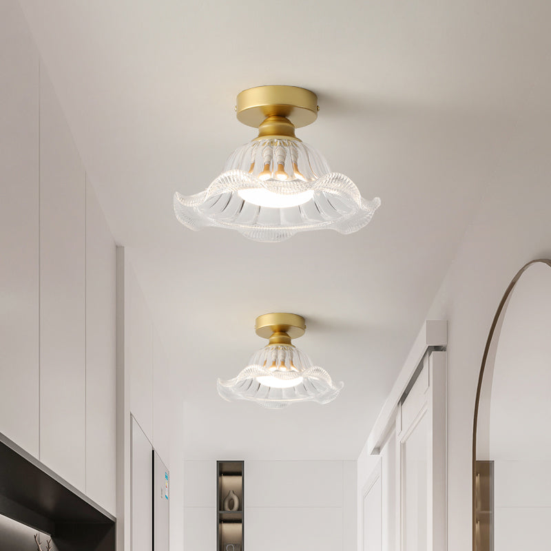 Glass Flower Ceiling Mounted Fixture Simplicity Gold Semi Flush Light