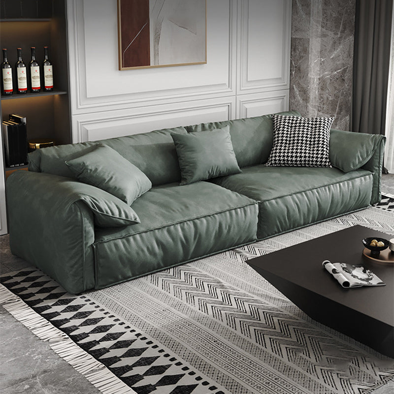 Contemporary Style Faux Leather Sofa Pillow Top Arm Sofa in Green