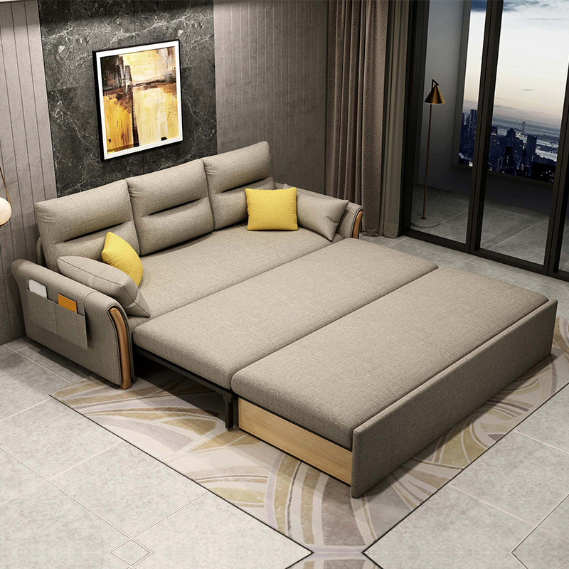 Flared Arm Sofa Bed Gray Linen Sewn Pillow Back Folding Sofa with Storage