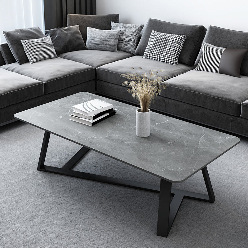 Glam Rectangle Stone Top Coffee Table with Iron Cross Legs Cocktail Table