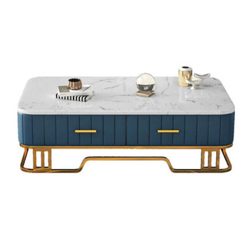 Glam Iron Frame Base Coffee Table with White Marble Top and 2 Drawers