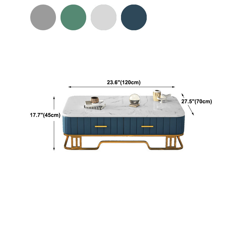 Glam Iron Frame Base Coffee Table with White Marble Top and 2 Drawers