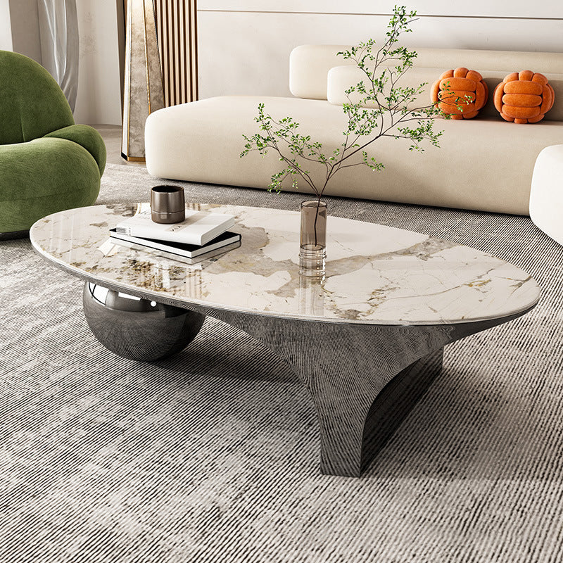 Oval Stone Top Coffee Table with Steel Base 51.18" Long 27.56" Wide