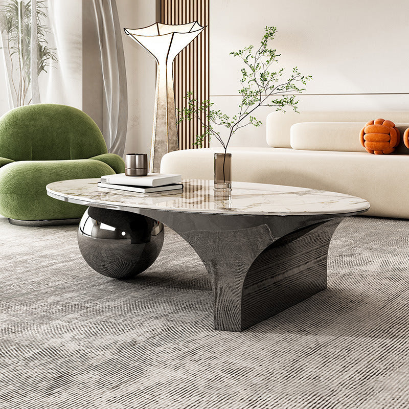Oval Stone Top Coffee Table with Steel Base 51.18" Long 27.56" Wide