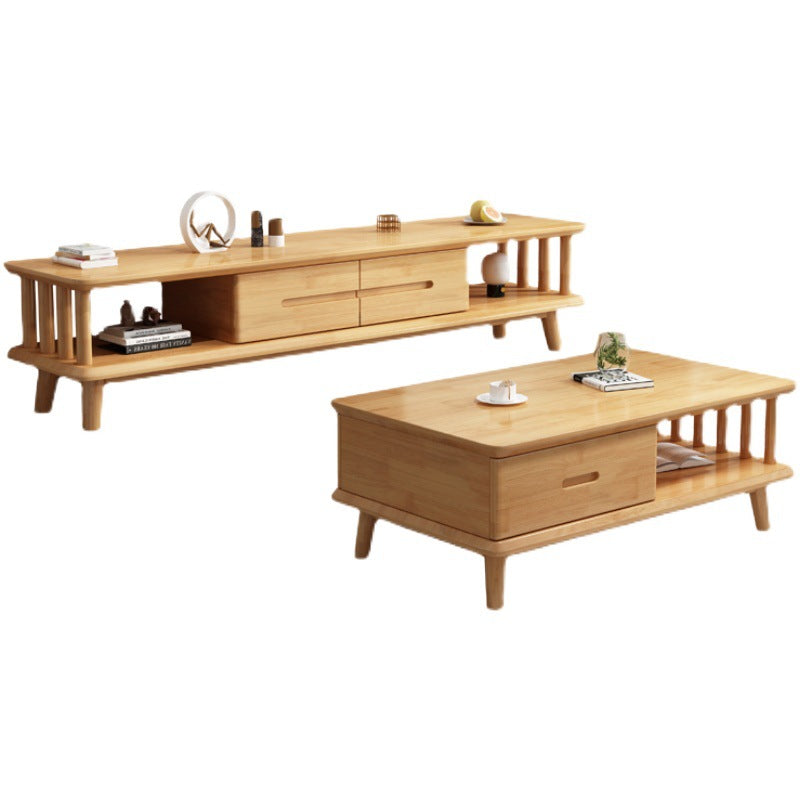 Scandinavian Solid Wood Coffee Table with 4 Legs and 2 Drawers