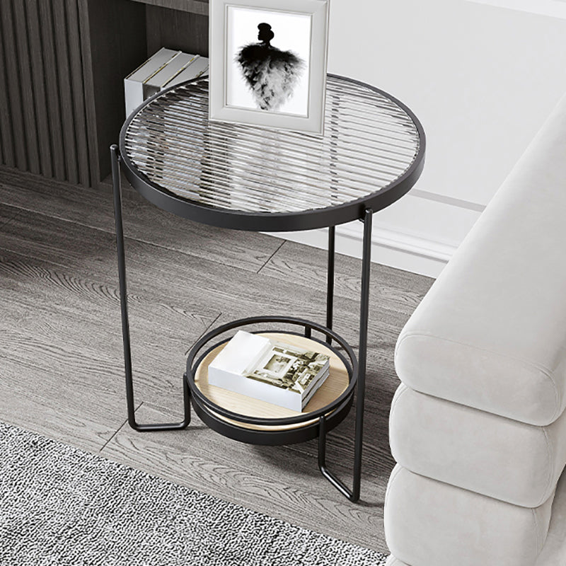 23.6" Tall Round Glass Top Side Table Iron Frame Base End Table with Shelf