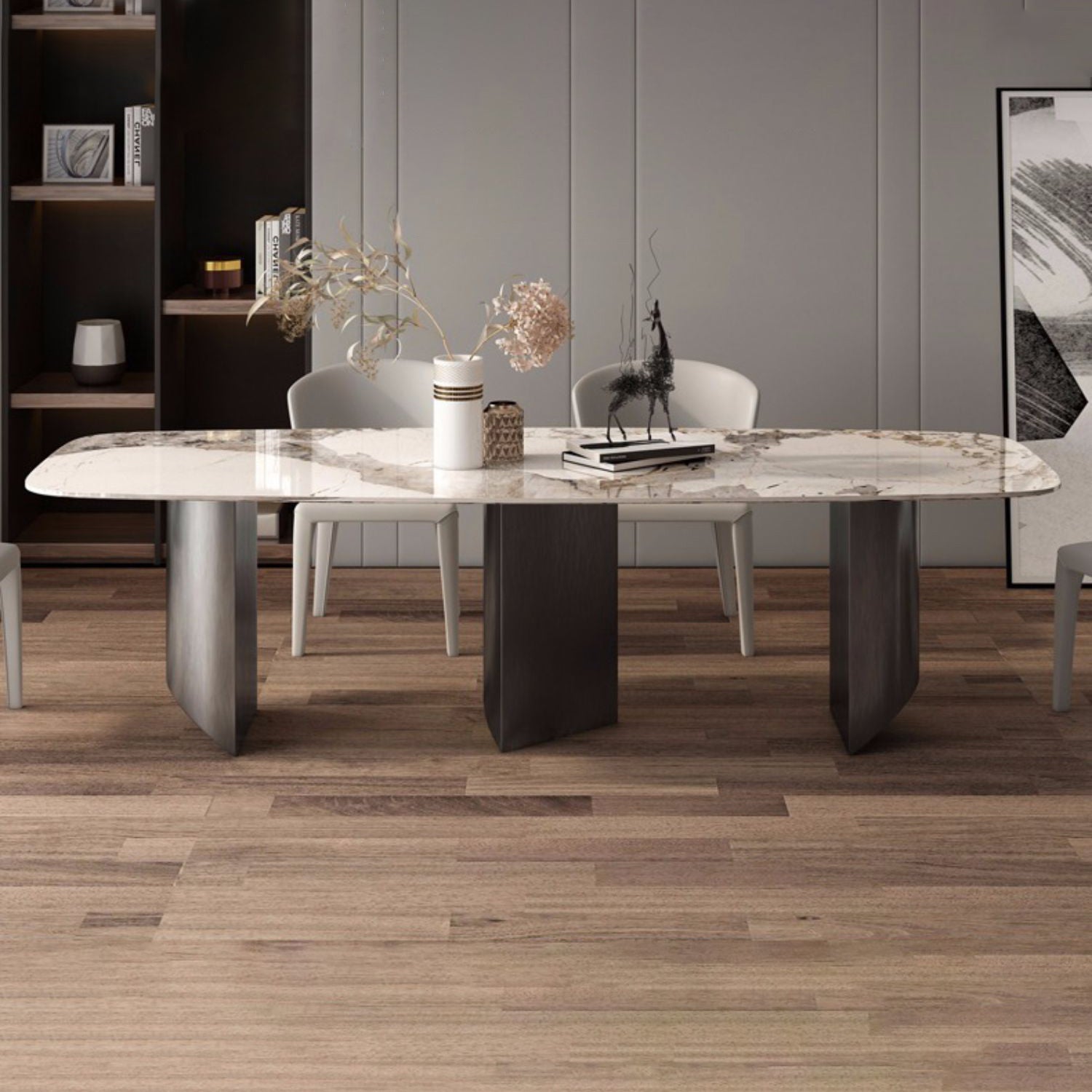 Modern Furniture White Rectangular Sintered Stone Dining Table with Metal Legs for Home