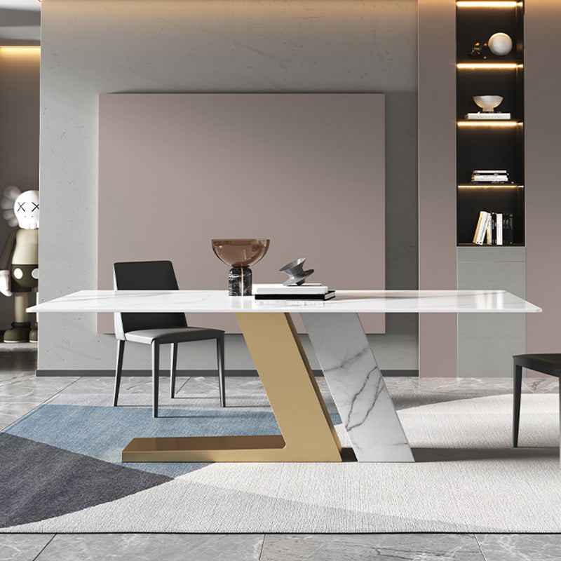 Gold Metal Base Rectangle Table Modern Black and White Sintered Stone Top Dining Table