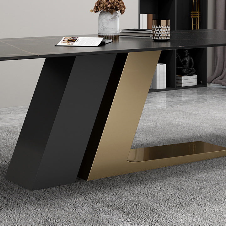 Gold Metal Base Rectangle Table Modern Black and White Sintered Stone Top Dining Table