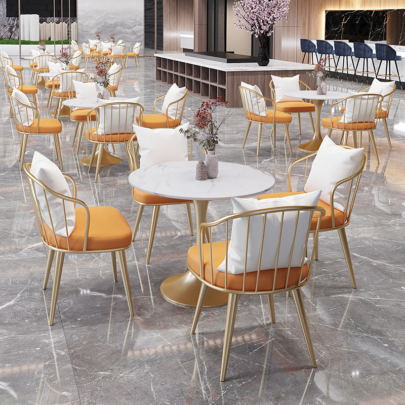 White Sintered Stone Top Table with Tulip Base Metal Traditional Luxury Round Dining Table
