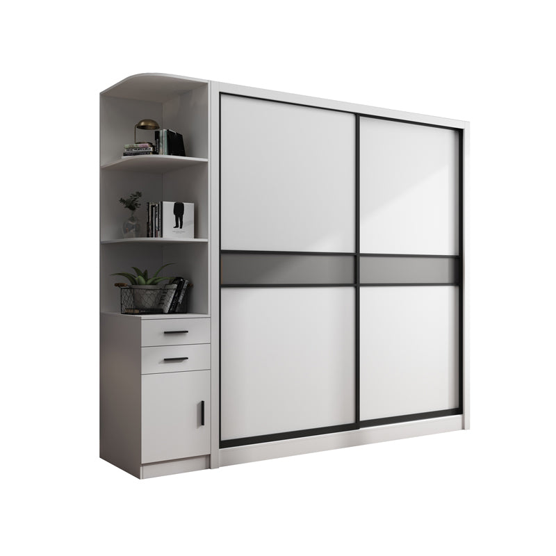 White Modern Wardrobe Armoire Engineered Wood Sliding Door Wardrobe with Drawer