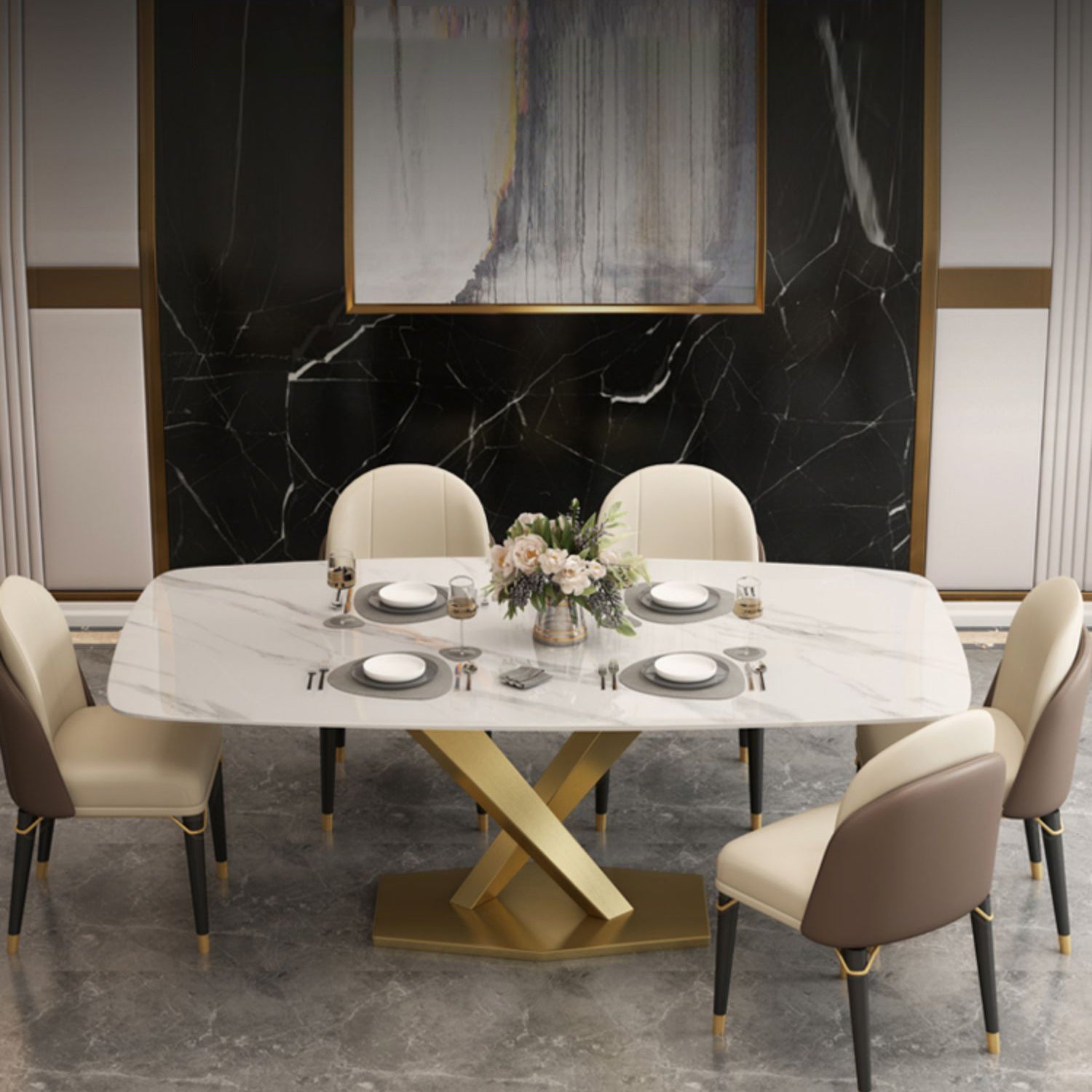 Glam Rectangle 1/4/5/6/7 Pieces Dinette Set Indoor White and Gold Dining Set