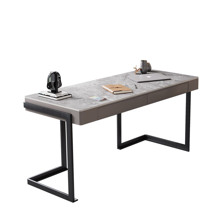 Modern Style 2-drawer Office Desk Sintered Stone Gray Top Desk for Home