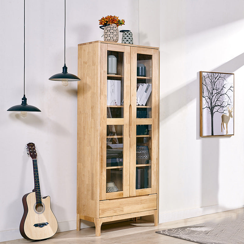 Oak Modern Storage Cabinet Glass Doors Display Cabinet with Drawer for Living Room