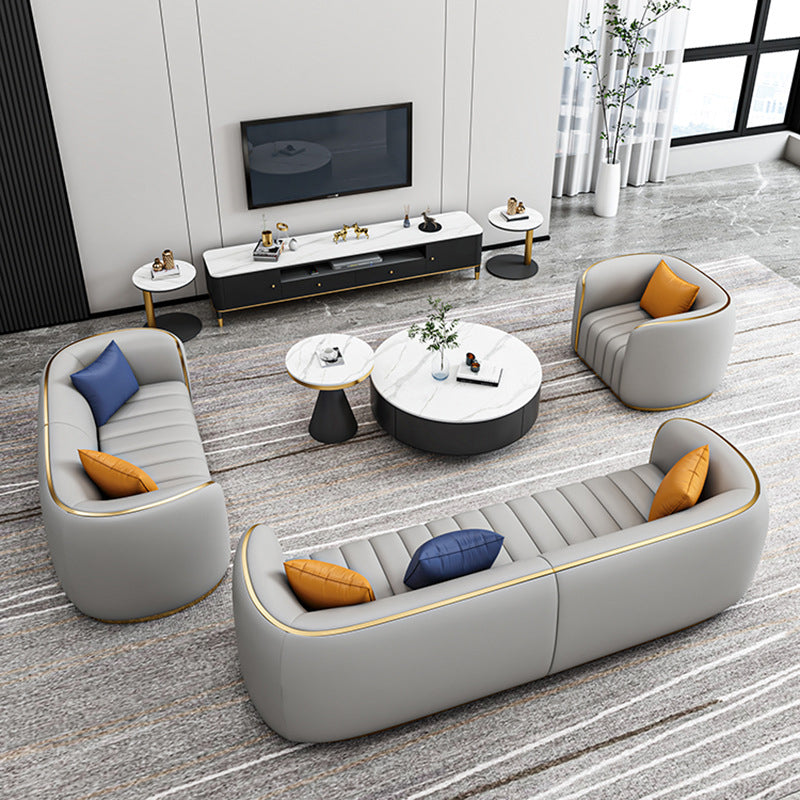 Tuxedo Arm Sofa in Grey/Blue Faux Leather Sofa with Metal Accent